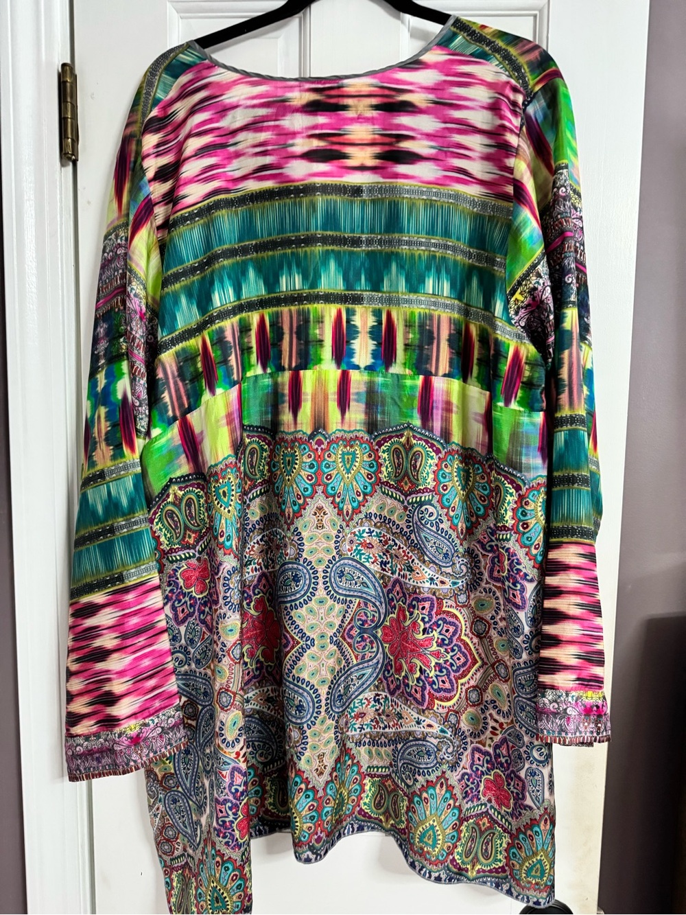 Johnny Was Silk Mix Print Oversized Tunic Blouse XL Boho Ikat Paisley boho - Picture 2 of 8